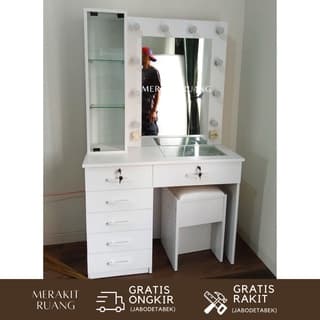 Meja rias premium vanity mirror terang 5 laci plus satu dengan rak kaca make up elegan, murah